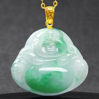 7000年和田玉18k金镶嵌翡翠佛吊坠女笑佛玉石弥勒佛玉坠
